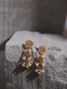 Ruby Raang Gold-Toned & White Pearl Beaded Contemporary Gold-Plated Jhumkas Earrings