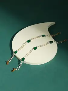 Ruby Raang Gold-Plated White & Green Pearl Beaded Anklets