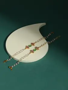 Ruby Raang Set Of 2 Gold Plated Green & White Kundan & Beads Anklet