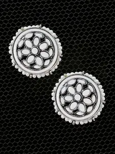 OOMPH Silver-Toned & White Circular Studs Earrings