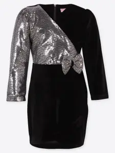 CUTECUMBER Girls Black & Silver-Toned Embellished Full Sleeves Dress