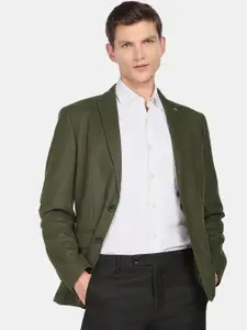Arrow Men Green Solid Slim-Fit Dobby Single-Breasted Formal Blazer