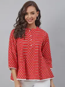 Janasya Women Red Print Mandarin Collar Pure Cotton Top