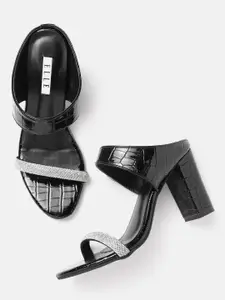 ELLE Embellished Party Block Heel Sandals With Croc Textured Detail