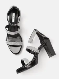 ELLE Women Black & Silver Embellished Party Block Heel Sandals