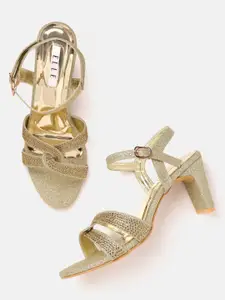 ELLE Women Golden Embellished Party Block Heel Sandals