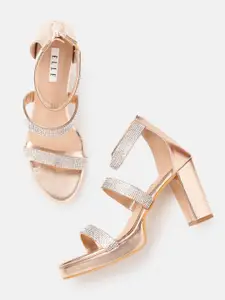 ELLE Women Rose Gold & Silver-Toned Embellished Party Block Heel Sandals