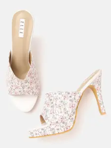 ELLE Women White & Pink Floral Print Stiletto Heel Sandals