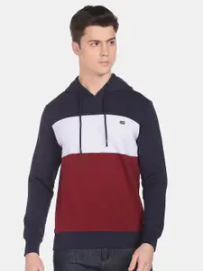 Arrow Sport Men Navy Blue & Maroon Colourblocked Hooded Sweatshirt