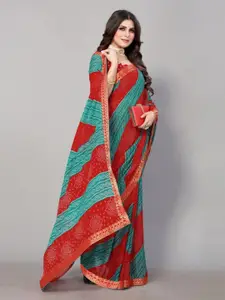 Yashika Teal & Red Bandhani Printed Saree