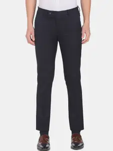 Arrow Men Navy Blue Solid Slim Fit Dobby Formal Trousers