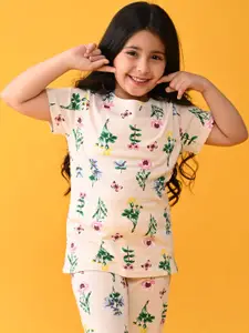 Anthrilo Girls Off White & Green Printed Pure Cotton Night suit
