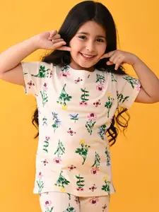 Anthrilo Girls Off White & Green Printed Pure Cotton Night suit