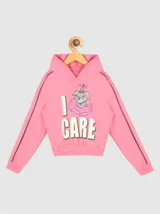 YK Girls Pink Printed Hooded Sweatshirt