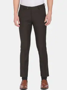 Arrow Men Brown Solid Slim Fit Dobby Formal Trousers