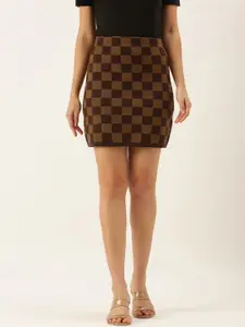 SHECZZAR Women Brown Checked Mini Skirt