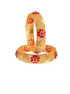 Jewar Mandi Set Of 2 Gold-Plated Red Stone Studded Bangles