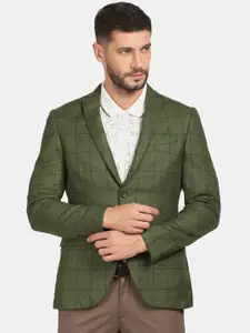 Blackberrys Men Olive-Green Checked Slim-Fit Single Breasted Casual Blazers