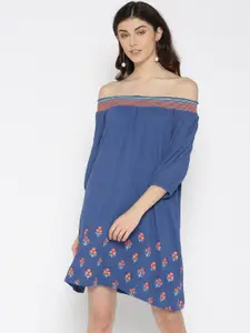 Global Desi Women Blue Printed A-Line Dress