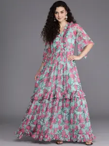 Inddus Blue & Pink Floral Chiffon Maxi Dress