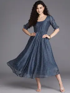 Inddus Blue & White Bandhani Printed Fit & Flare Midi Dress
