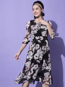 Slenor Black Floral Georgette Midi Dress