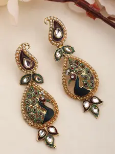 ANIKAS CREATION Women Gold Plated Maroon & Green Peacock Shaped Meenakari Drop Earrings