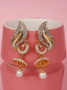 ANIKAS CREATION Women Gold Plated White & Off White Peacock Shaped Jhumka Earrings