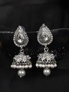 ANIKAS CREATION Silver-Plated Contemporary Jhumkas Earrings