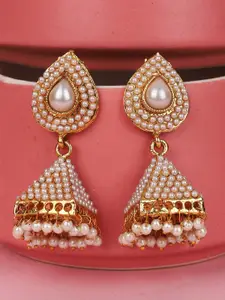 ANIKAS CREATION Off White Gold-Plated Contemporary Jhumkas Earrings