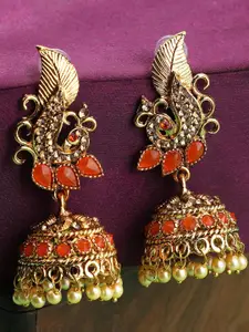 ANIKAS CREATION Orange Gold-Plated Contemporary Jhumkas Earrings