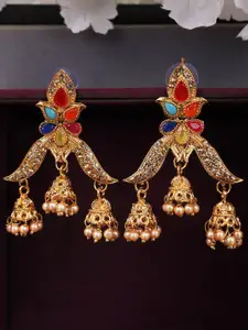 ANIKAS CREATION Multicoloured Gold-Plated Contemporary Jhumkas Earrings