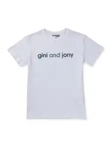 Gini and Jony Boys White Brand Logo Printed Cotton T-shirt