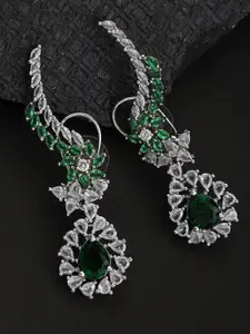 Bhana Fashion White & Green American Diamond Studded Silver-Plated Drop Earrings