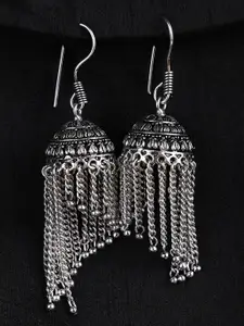 Bhana Fashion Silver-Toned Oxidised Silver-Plated Jhumkas Earrings