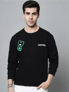GRIFFEL Men Black Fleece Printed Sweatshirt
