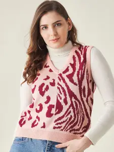 Modeve Women Pink & Maroon Animal Acrylic Sweater Vest