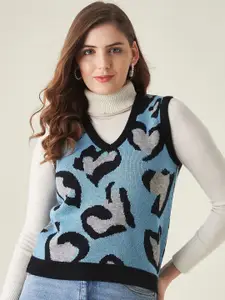 Modeve Women Blue & Black Animal Acrylic Sweater Vest