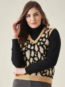 Modeve Women Black & Mustard Animal Acrylic Sweater Vest