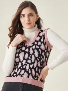 Modeve Women Black & Pink Animal Acrylic Sweater Vest