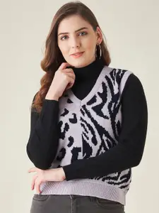 Modeve Women Purple & Black Animal Acrylic Sweater Vest
