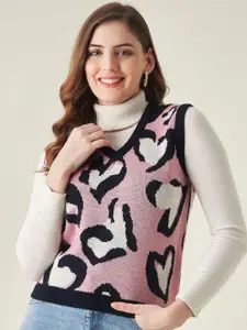 Modeve Women Pink & Black Animal Acrylic Sweater Vest