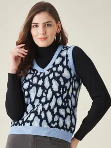 Modeve Women Blue & Navy Blue Animal Acrylic Sweater Vest