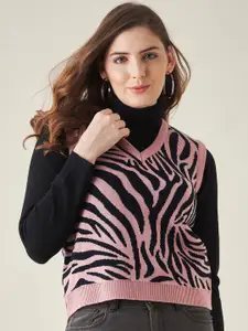 Modeve Women Pink & Black Animal Acrylic Sweater Vest