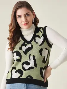 Modeve Women Green & Black Animal Acrylic Sweater Vest