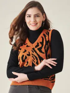 Modeve Women Orange & Black Animal Acrylic Sweater Vest