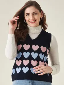Modeve Women Navy Blue & Pink Acrylic Sweater Vest