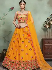 Fusionic Mustard Yellow Embroidered Semi-Stitched Lehenga & Unstitched Blouse With Dupatta