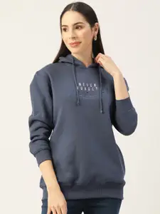 Madame Women Navy Blue Printed Hooded Sweatshirt With Embellished Detail