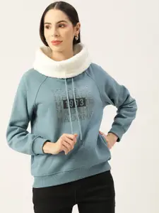 Madame Women Blue Printed Stylized Turtle Neck Sweatshirt